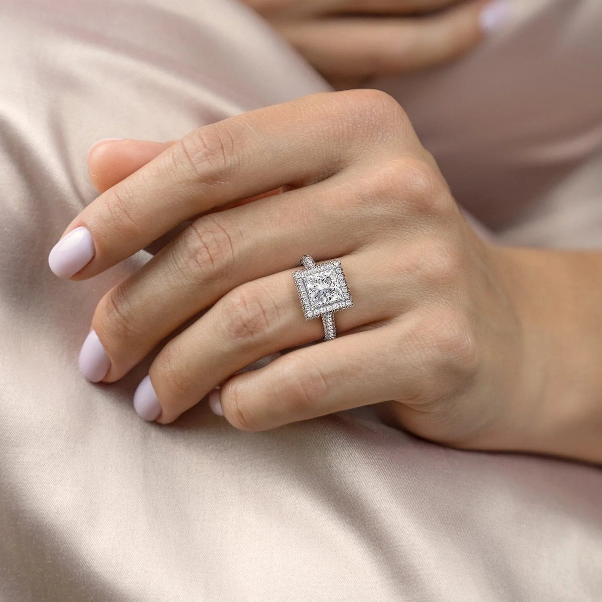 1.0- 3.0 CT Princess Cut  Lab Grown Diamond Halo & Pave Engagement Ring