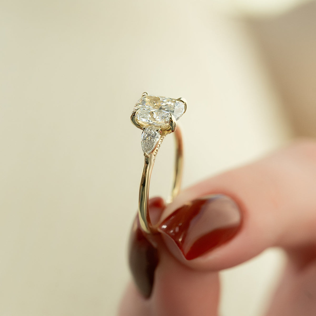 2.0 - 4.0 CT Elongated Cushion Cut Lab Grown Diamond Three Stone Style Engagement Ring