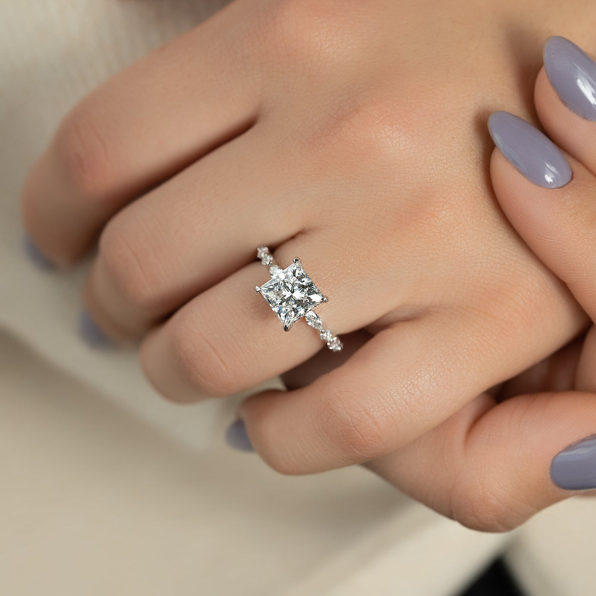 Princess cut CVD diamond engagement ring with hidden halo and pave diamond band in white gold
