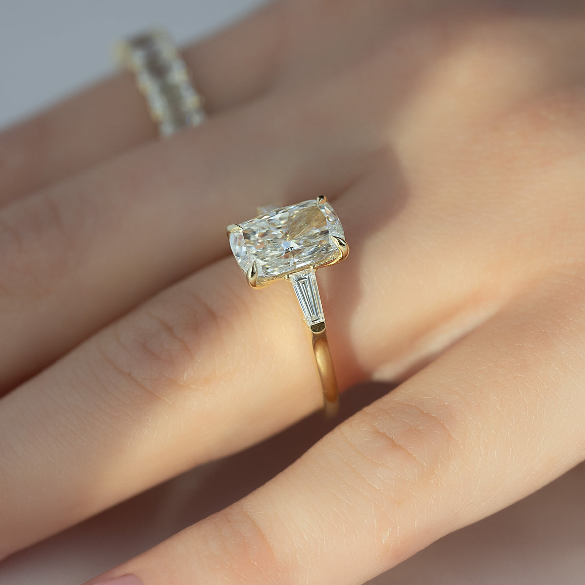2.0 - 4.0 CT Elongated Cushion Cut Lab Grown Diamond Three Stone Style Engagement Ring