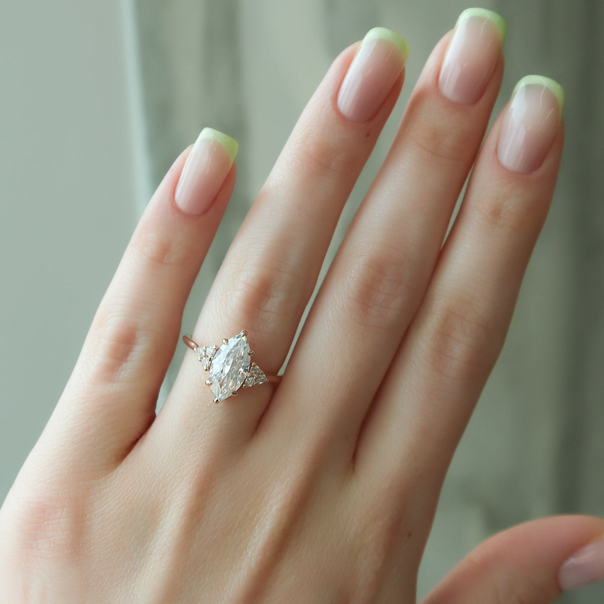 Marquise cut CVD diamond cluster engagement ring in white gold setting