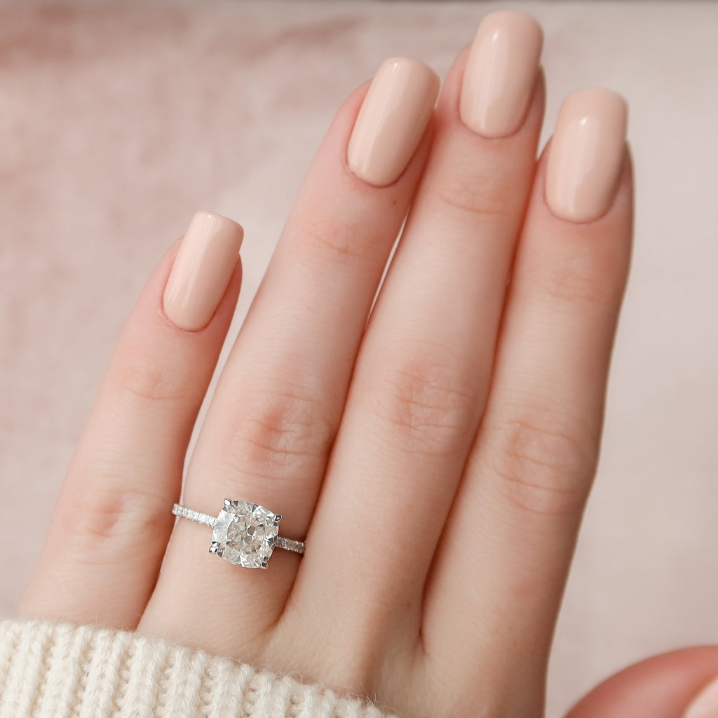 2.0 - 3.0 CT Cushion Cut Lab Grown Diamond Hidden Halo & Pave Engagement Ring