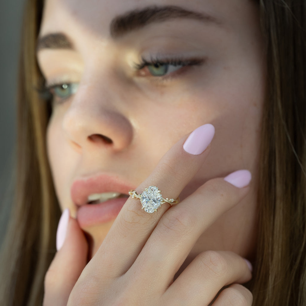 Oval cut moissanite twig engagement ring with nature-inspired band in white gold, 1.50-3.50 CT

