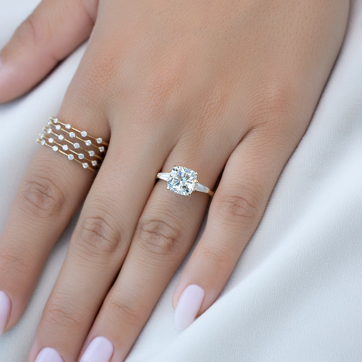 2.0 - 4.0 CT Cushion Cut  Lab Grown Diamond Three Stone Style Engagement Ring