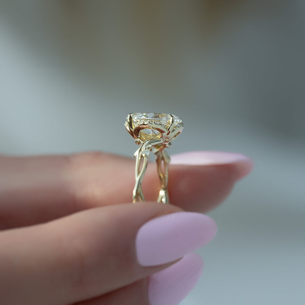 Oval cut moissanite twig engagement ring with nature-inspired band in white gold, 1.50-3.50 CT

