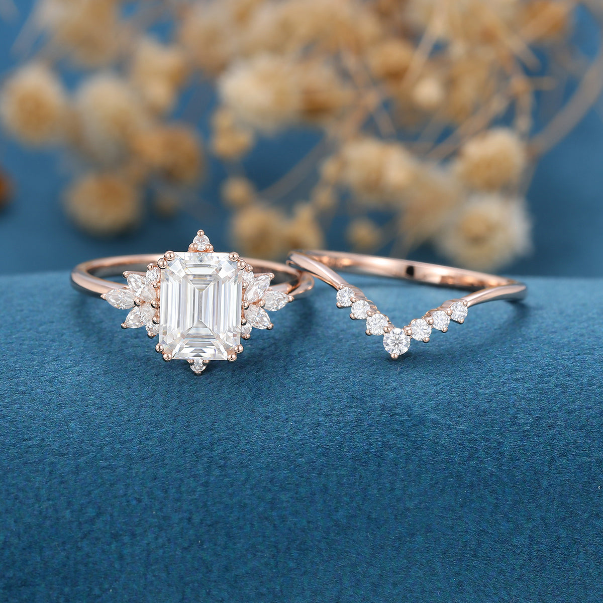 1.60 CT Emerald Shaped Moissanite Cluster Bridal Set - Camila Brown
