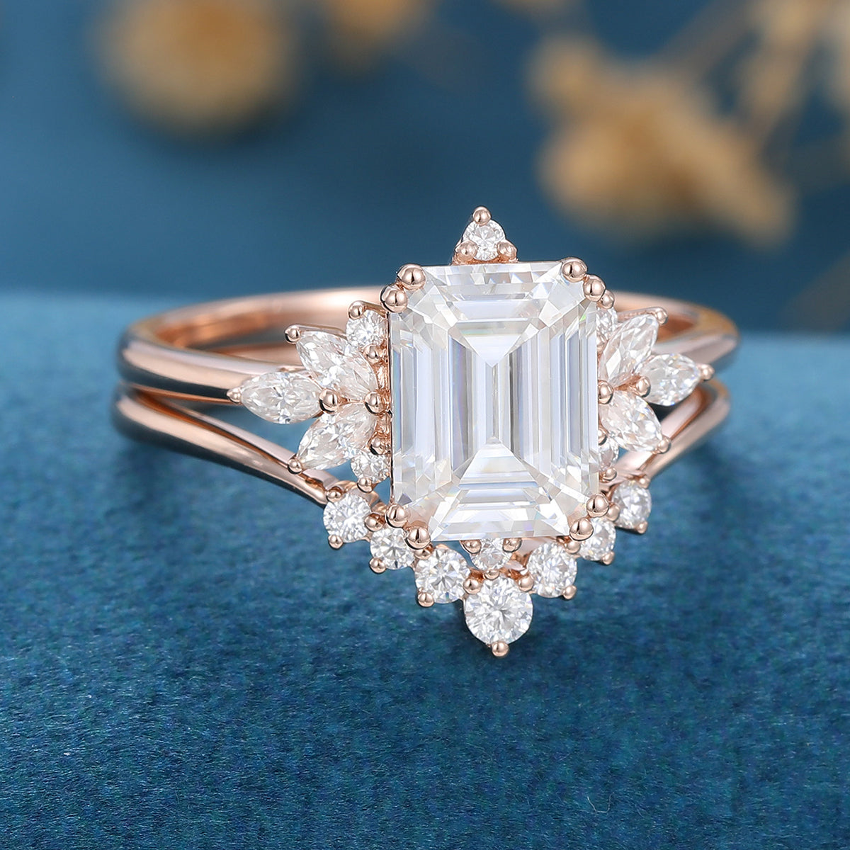 1.60 CT Emerald Shaped Moissanite Cluster Bridal Set - Camila Brown