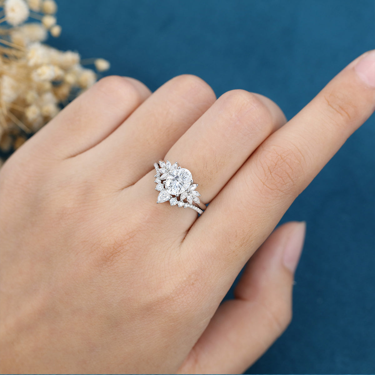 1.91 CT Oval Shaped Moissanite Cluster Bridal Set - Camila Brown