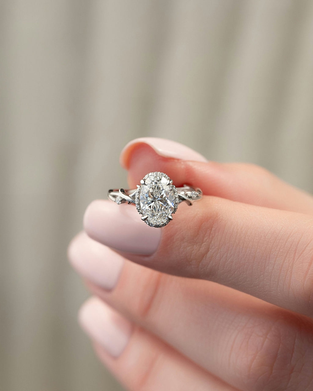 Oval cut moissanite twig engagement ring with nature-inspired band in white gold, 1.50-3.50 CT

