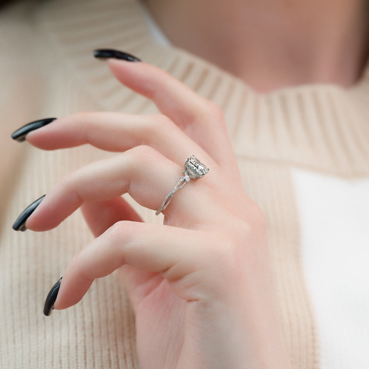 Princess cut CVD diamond engagement ring with twig-style band in white gold
