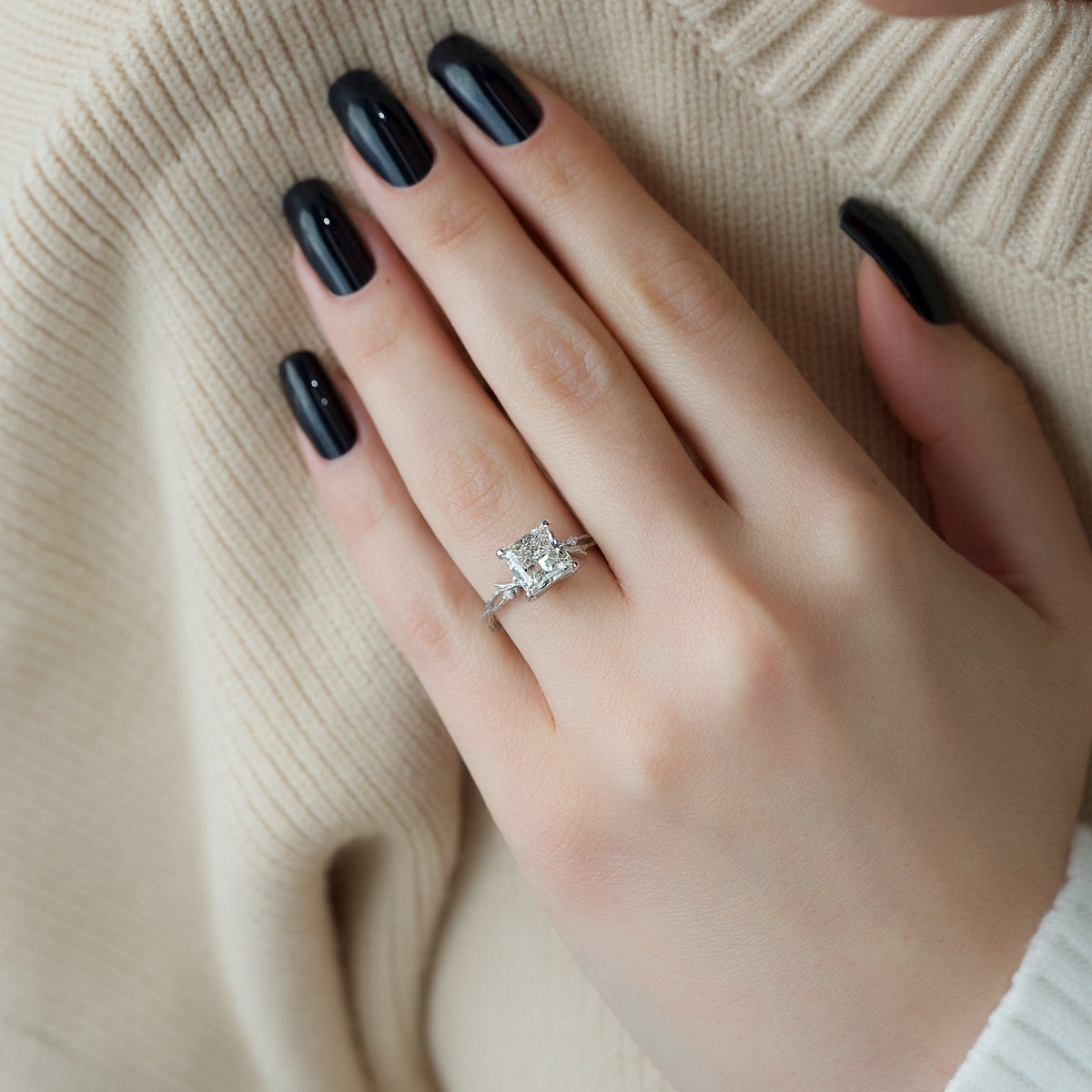 Princess cut CVD diamond engagement ring with twig-style band in white gold