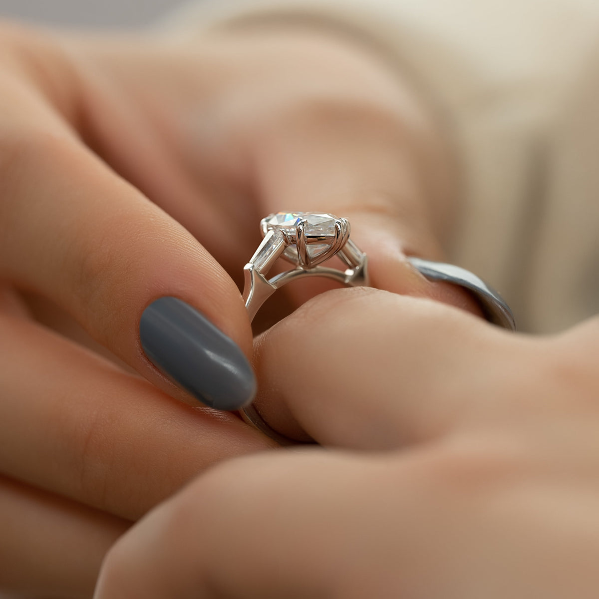 Marquise cut CVD diamond three stone engagement ring in white gold setting
