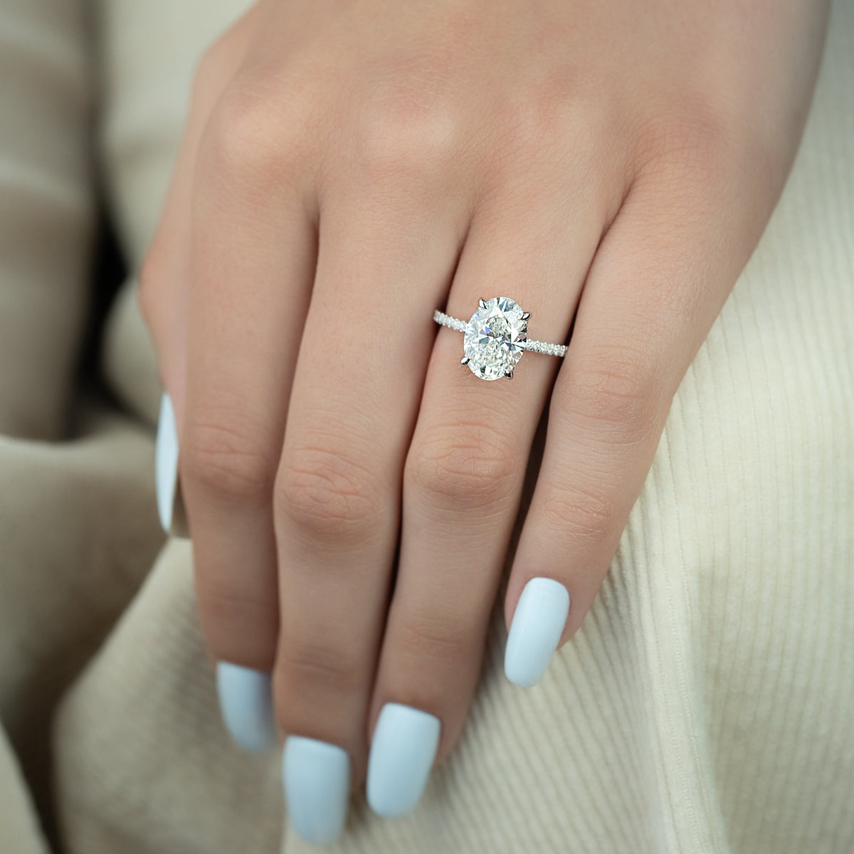 2.0 -4.0 CT Oval Cut Lab Grown Diamond Hidden Halo & Pave Engagement Ring