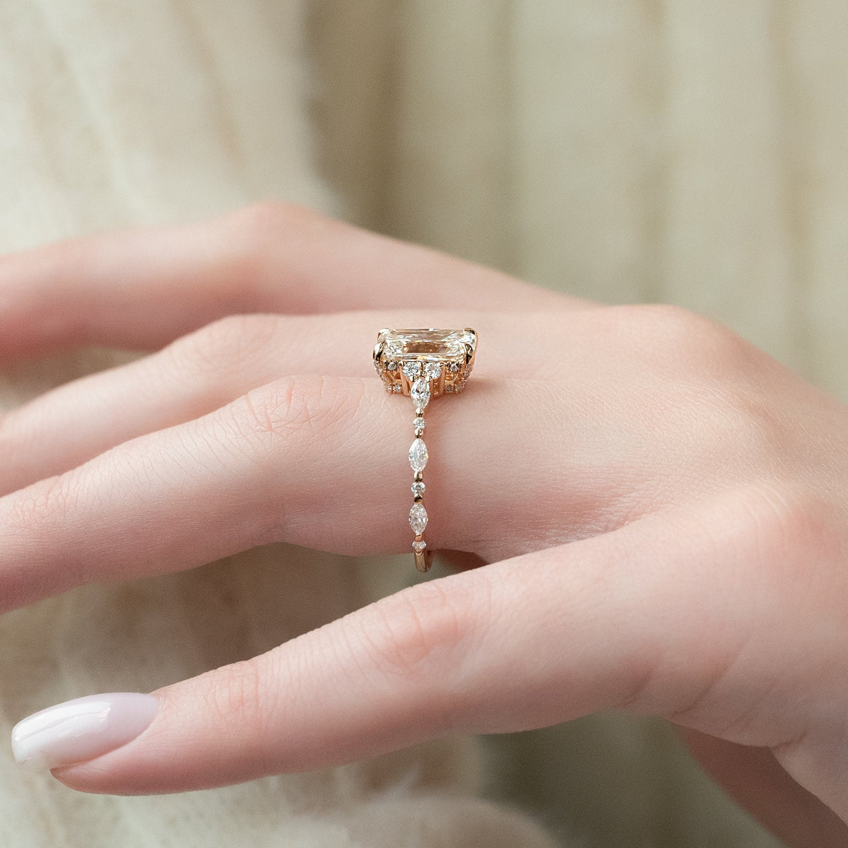 Radiant cut CVD diamond cluster engagement ring with timeless sparkle