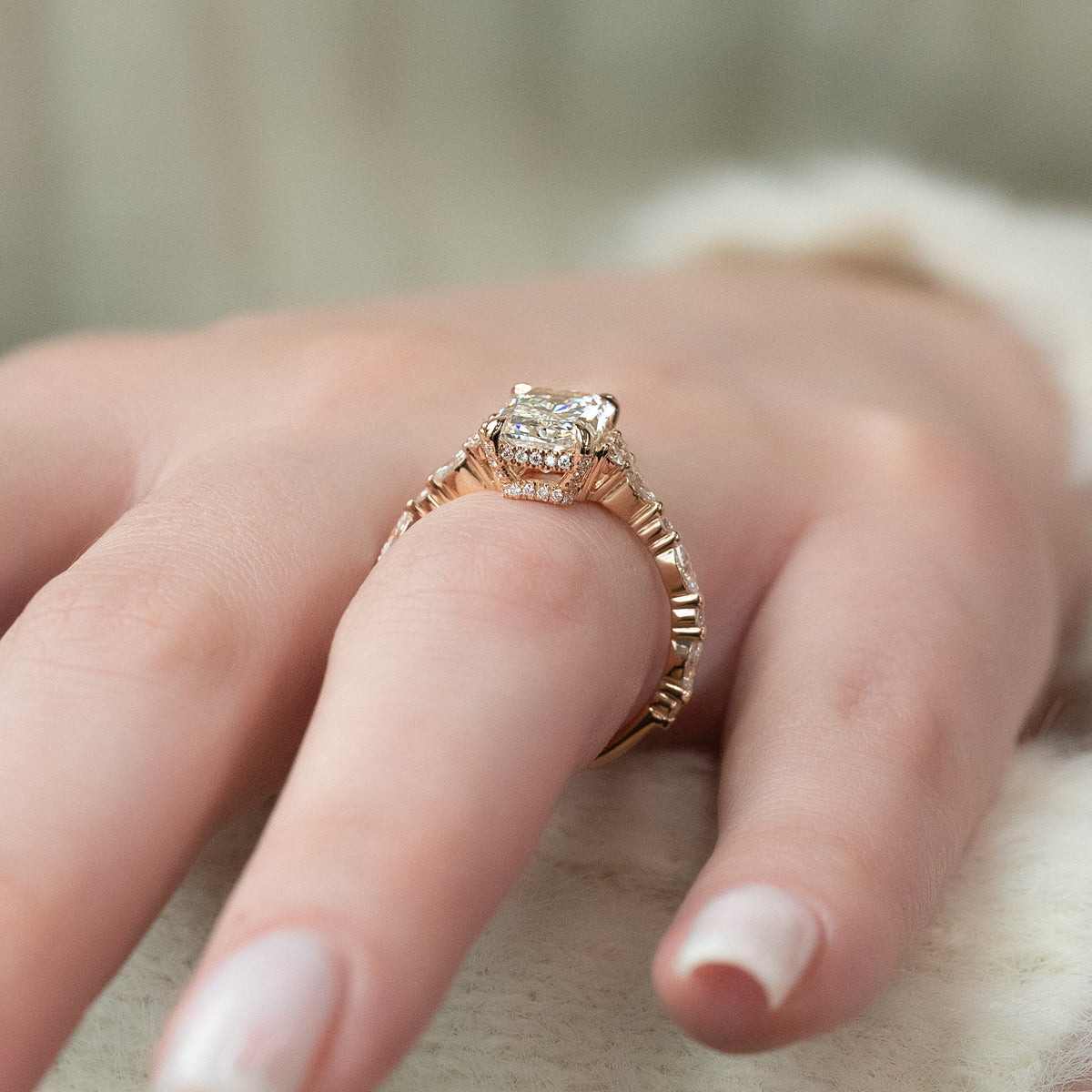 Radiant cut CVD diamond cluster engagement ring with timeless sparkle