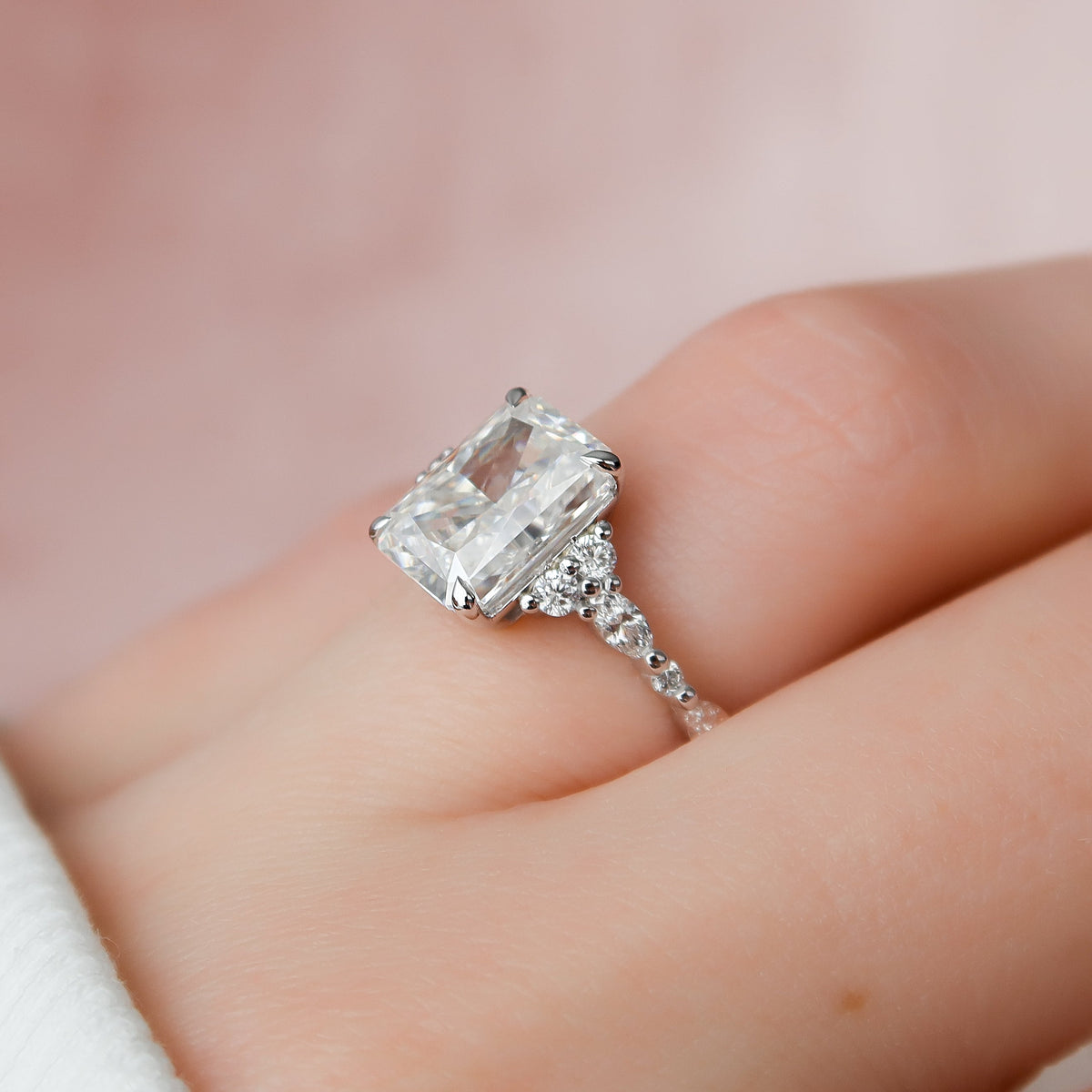 Radiant cut CVD diamond cluster engagement ring with timeless sparkle