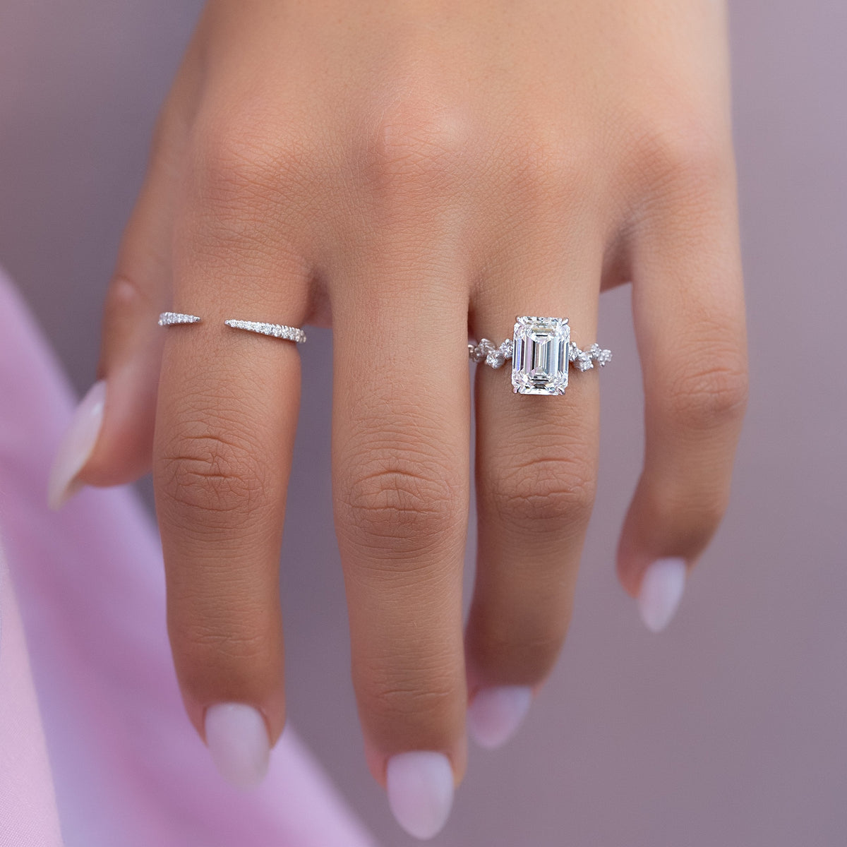 Emerald cut moissanite cluster engagement ring with hidden halo in white gold setting, 1.50-3.50 CT