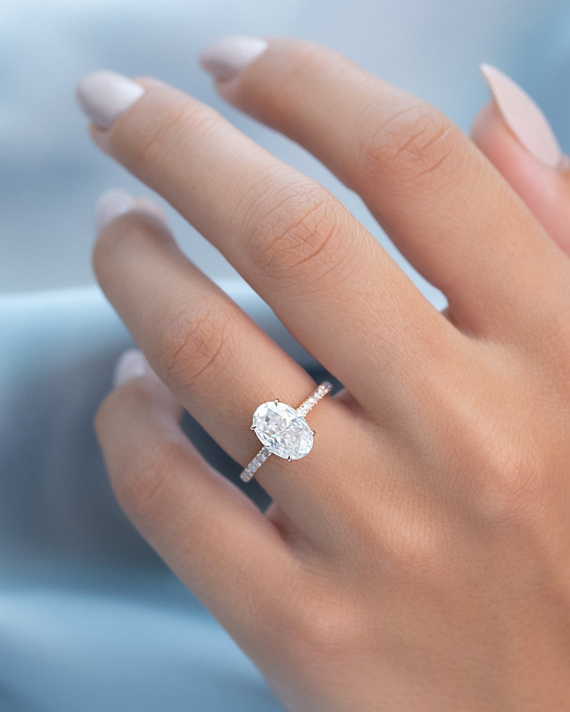 Oval cut moissanite pave setting engagement ring in platinum, 1.0-3.0 CT