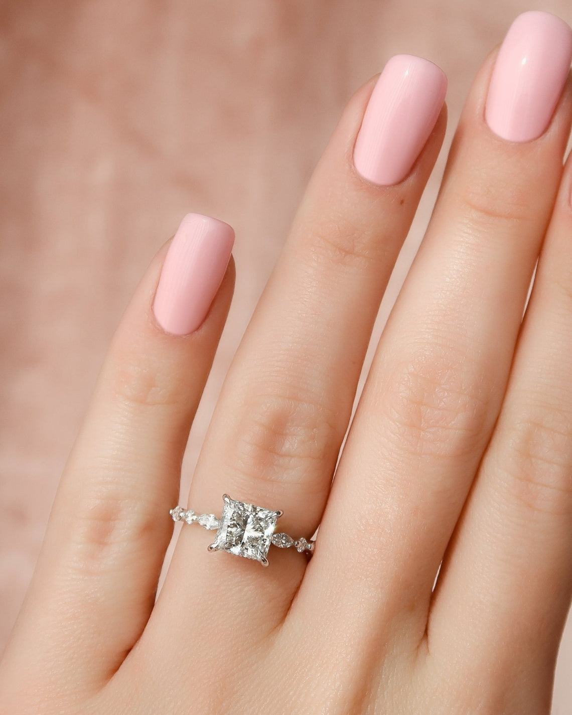 Princess cut CVD diamond engagement ring with hidden halo and pave diamond band in white gold