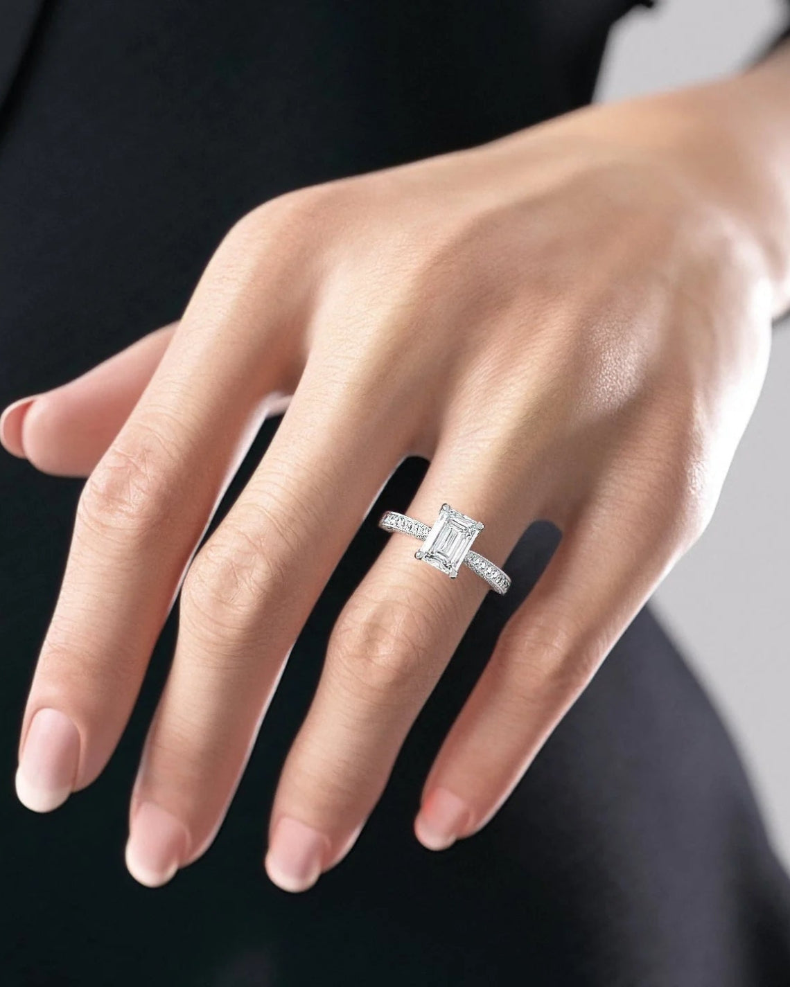 1.0- 3.0 CT Emerald Cut Lab Grown Diamond Pave Style Engagement Ring