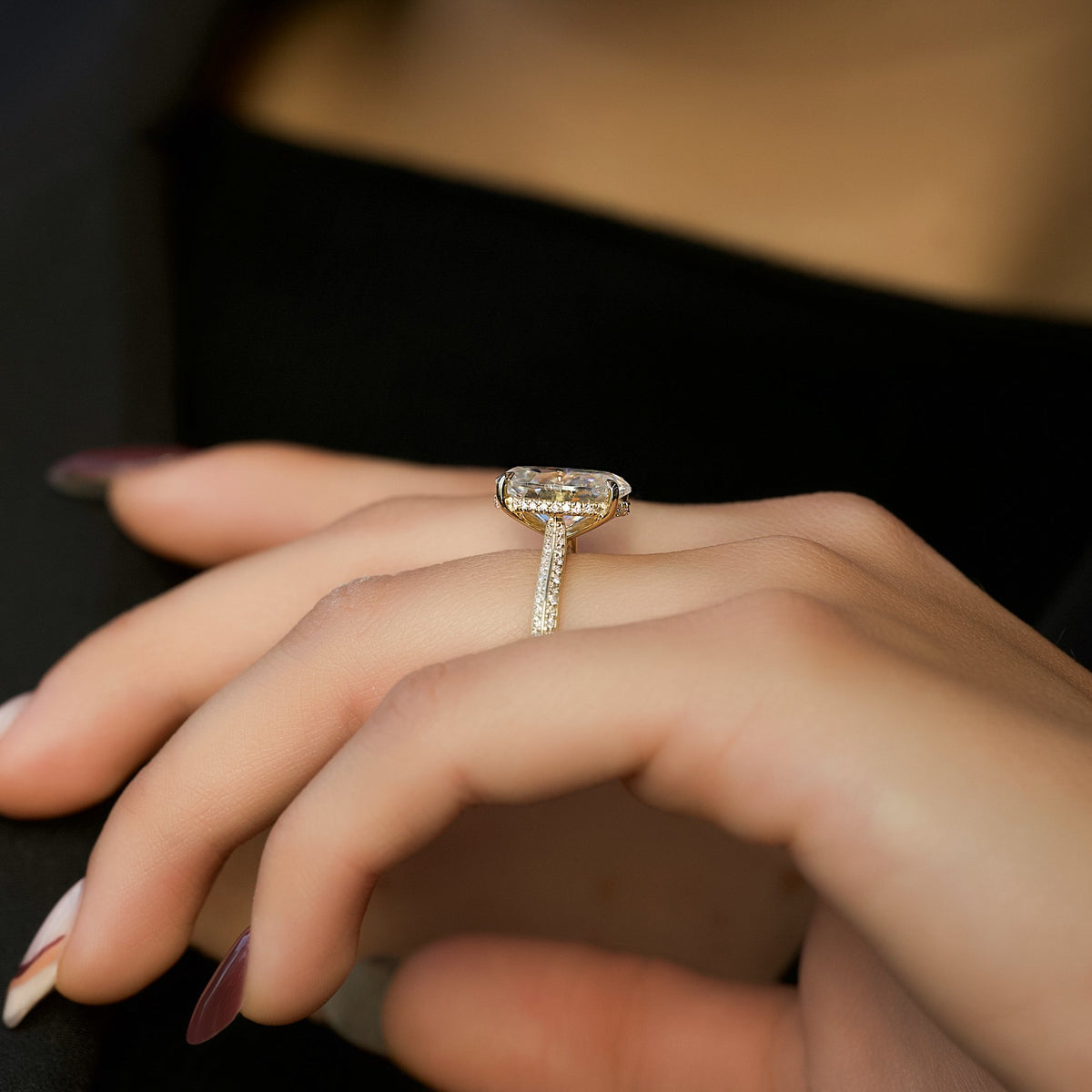 Oval cut CVD diamond hidden halo engagement ring with pave band in white gold setting