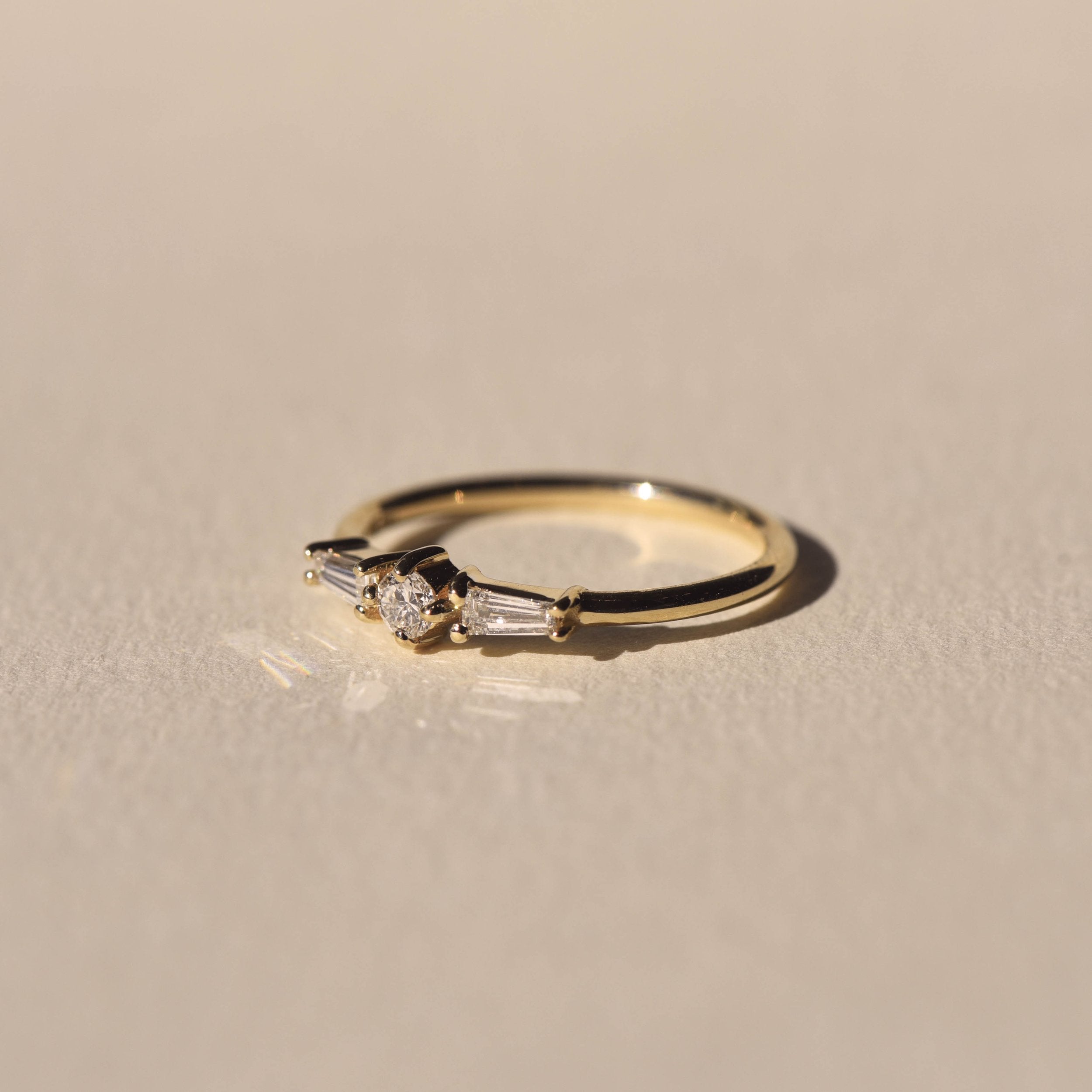 0.4 TCW Round&Tappered Baguette Cut Three Stone Engagement Ring