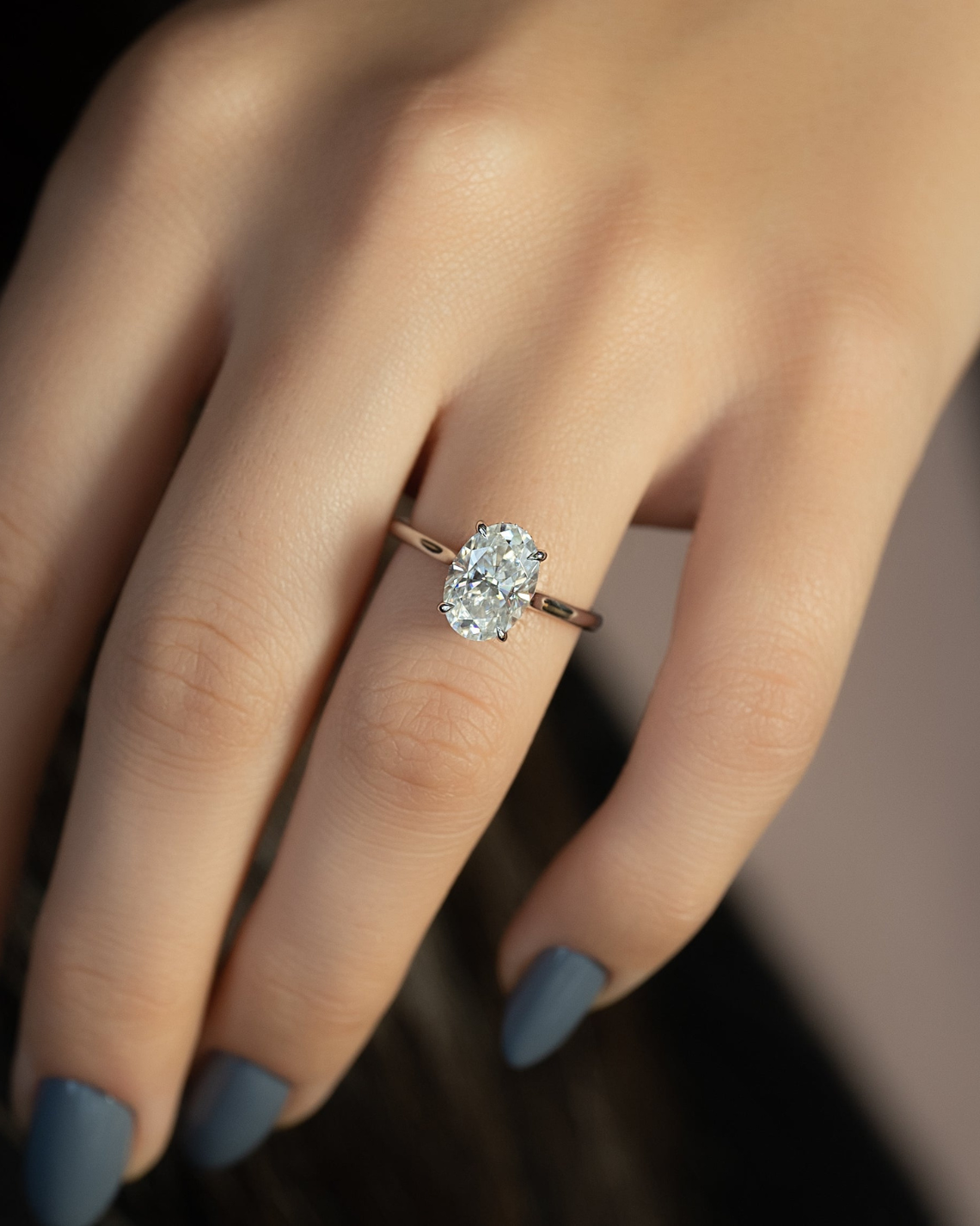 Oval cut moissanite hidden halo engagement ring in platinum setting, 2.0-4.0 CT

