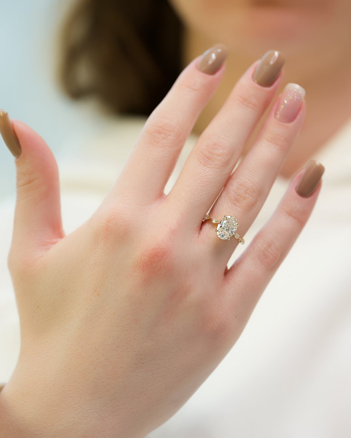 Oval cut CVD diamond dainty engagement ring with slim band in white gold