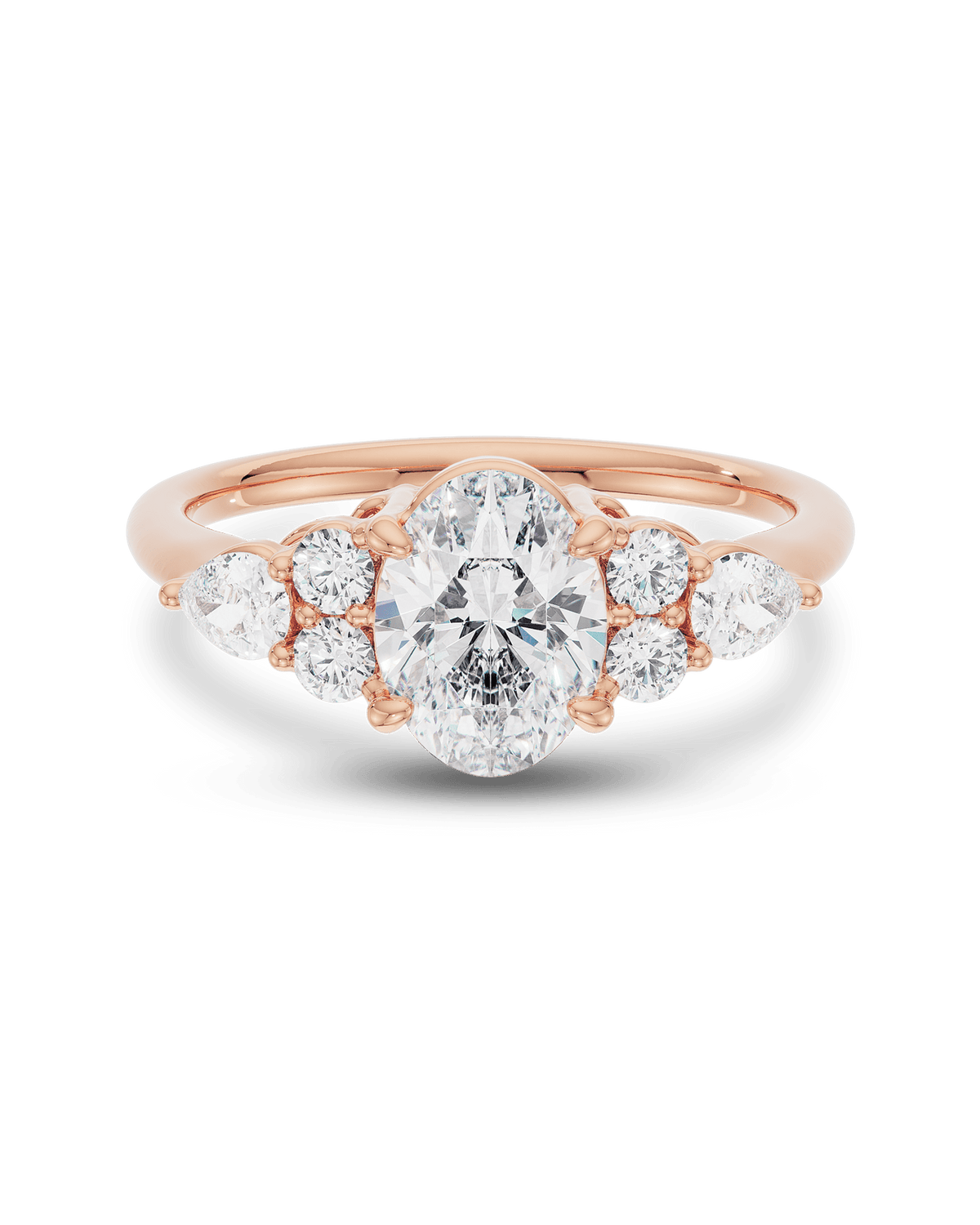 1.50–3.50 CT oval cut lab grown diamond cluster engagement ring in gold, surrounded by shimmering accent stones in a floral halo design

