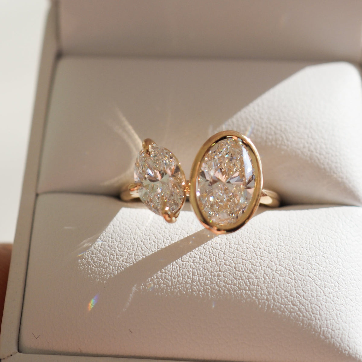 3.0 carat oval cut moissanite two-stone engagement ring in platinum setting