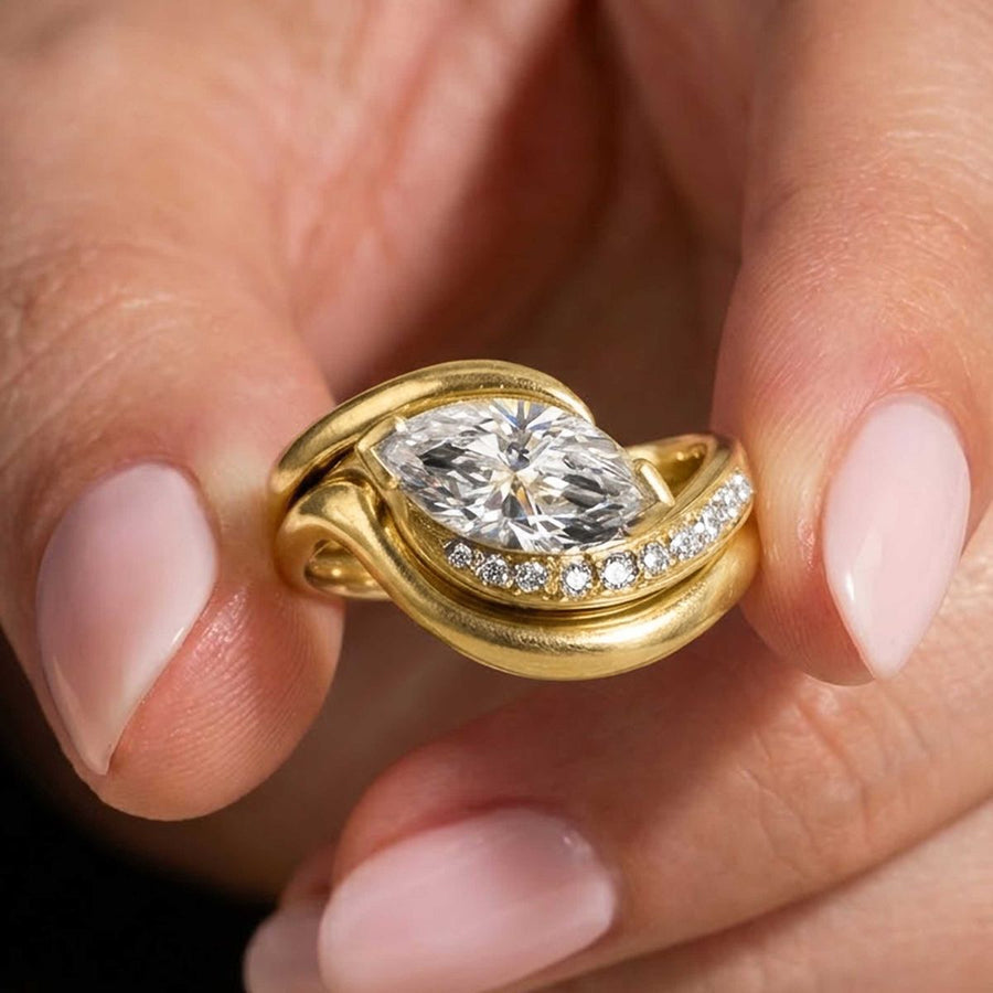 Marquise Demi Pavé Rapture Lab Grown Diamond Engagement Ring & Plain Band Set + 1.07 ct marquise - G VVS2