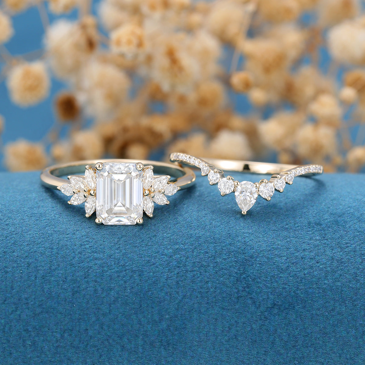 1.60 CT Emerald Shaped Moissanite Cluster Bridal Set - Camila Brown