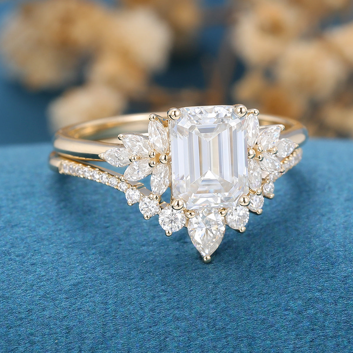 1.60 CT Emerald Shaped Moissanite Cluster Bridal Set - Camila Brown