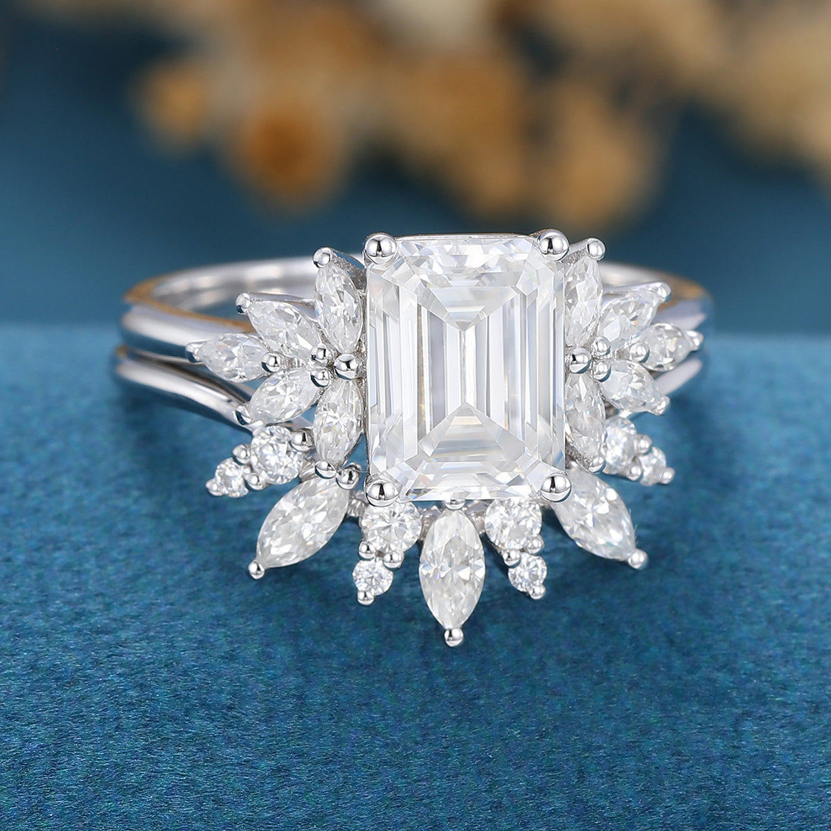 1.60 CT Emerald Shaped Moissanite Cluster Bridal Set - Camila Brown