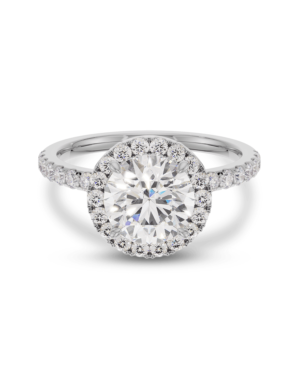 1.0 to 3.0 CT round cut lab grown CVD diamond engagement ring with halo and pave band, elegant and ethically crafted