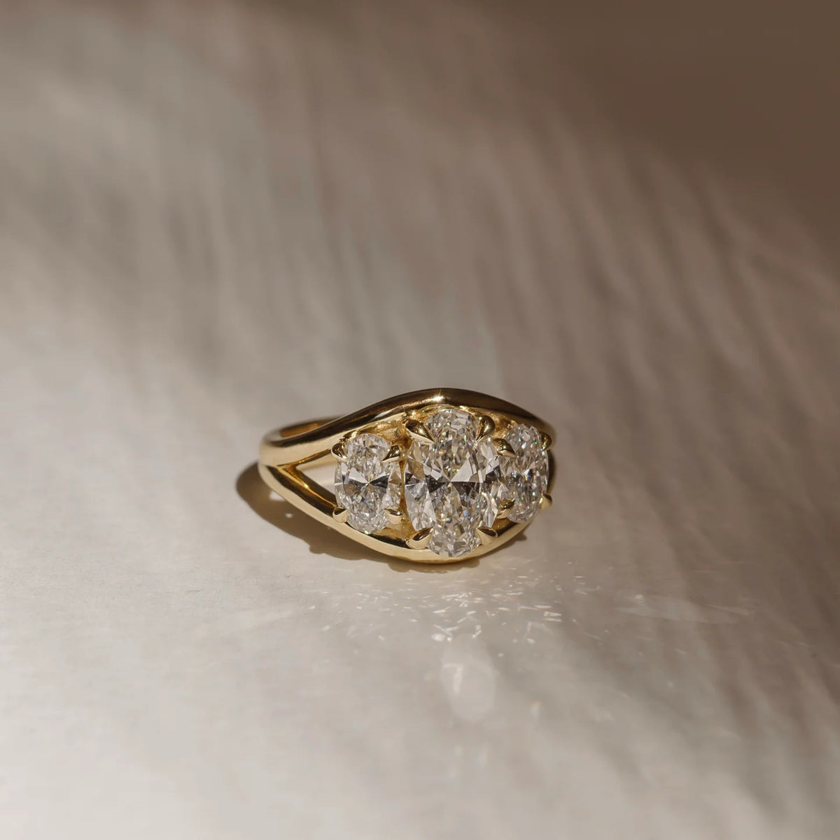 2.5 - 3.5 CT Oval Lab Grown Diamond Split Shank Trilogy Engagement Ring