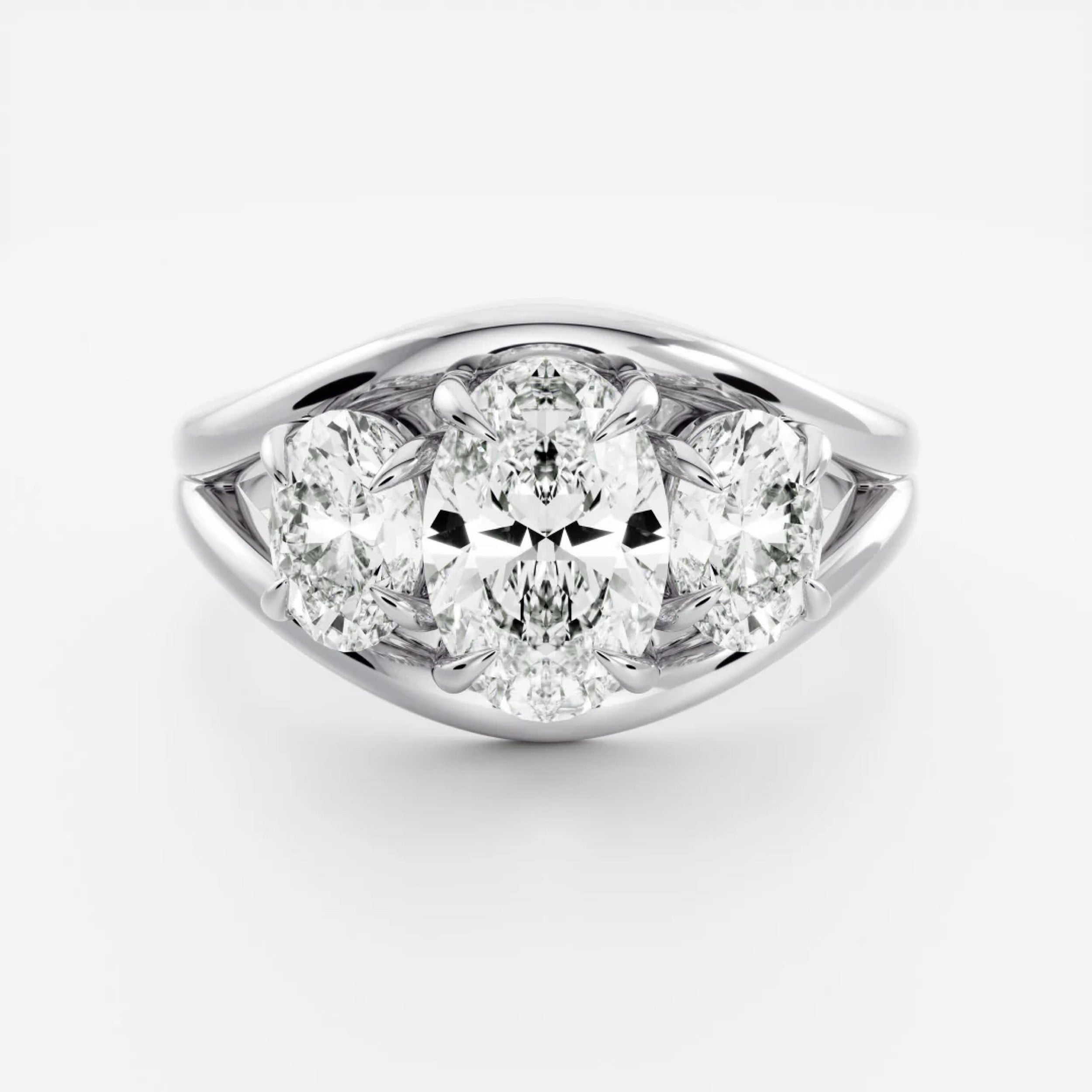 2.5 - 3.5 CT Oval Lab Grown Diamond Split Shank Trilogy Engagement Ring