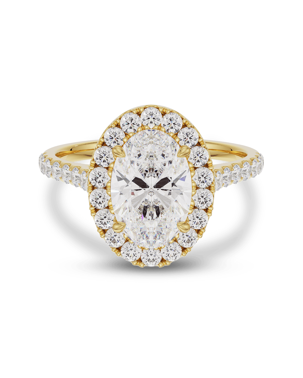 Oval cut lab grown diamond engagement ring in gold with halo and pave setting, featuring 1.5–3.5 CT center stone and shimmering accents

