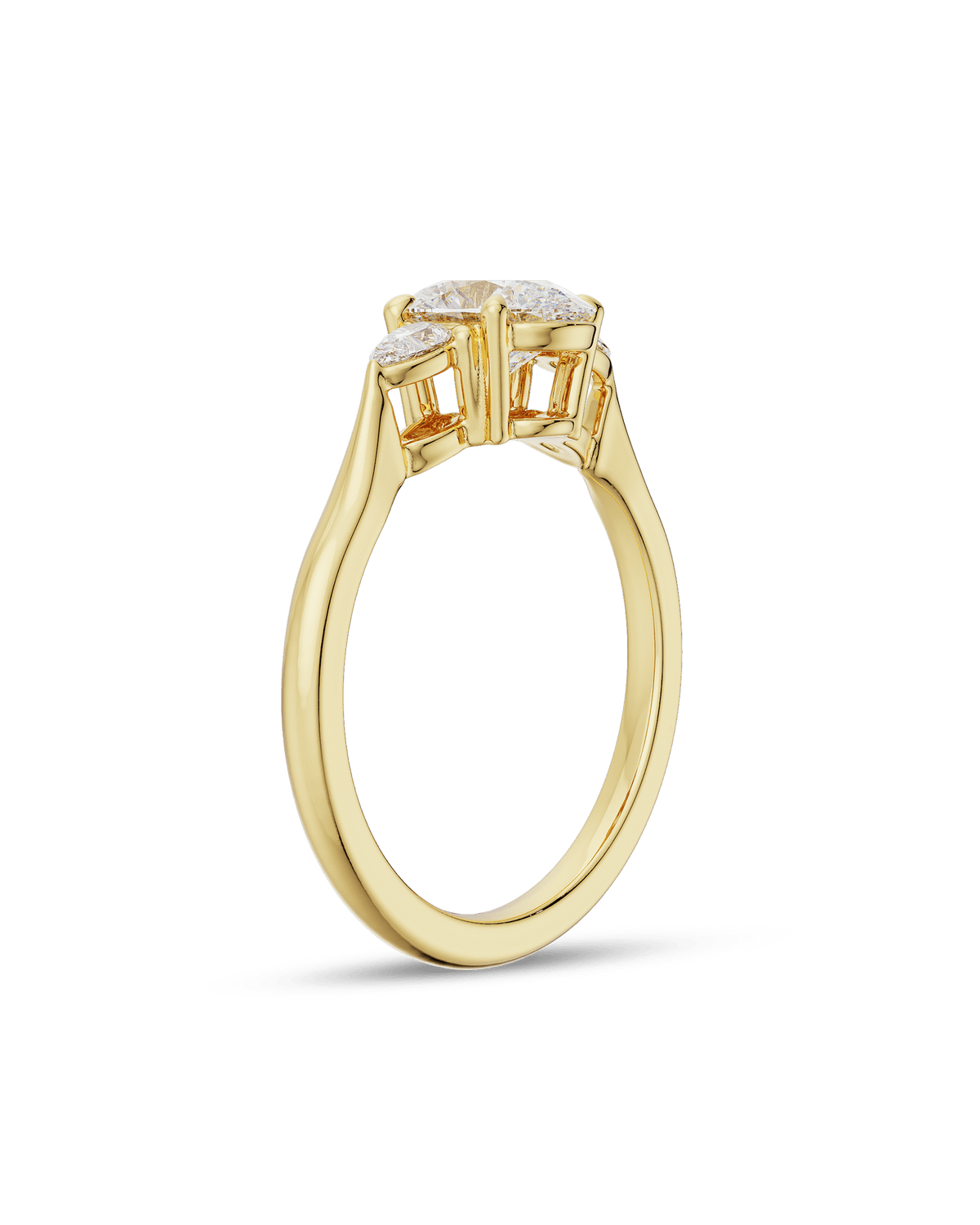Oval lab grown diamond three stone style engagement ring in gold, 1.5–3.5 CT center with matching side stones for a balanced, romantic look

