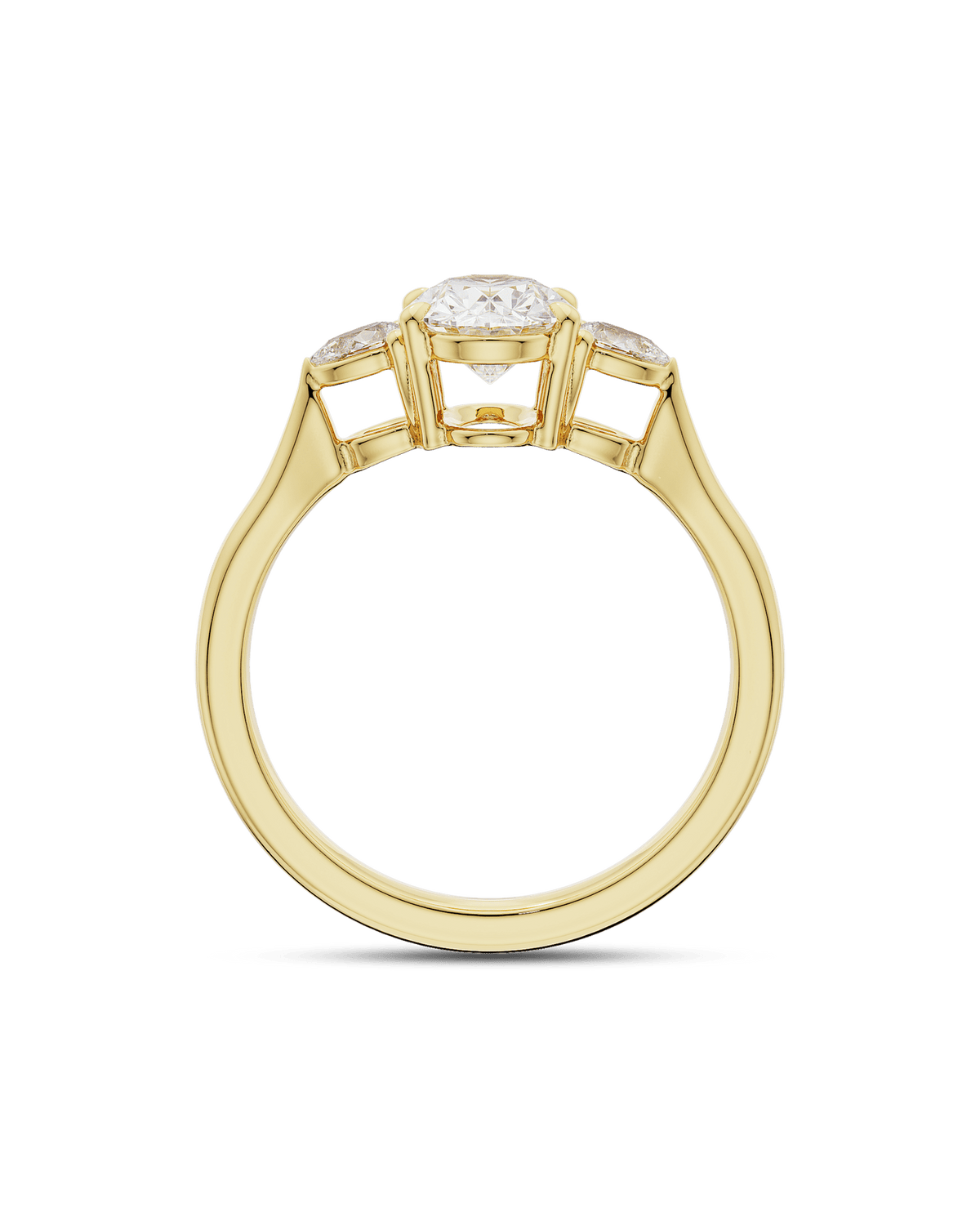 Oval lab grown diamond three stone style engagement ring in gold, 1.5–3.5 CT center with matching side stones for a balanced, romantic look

