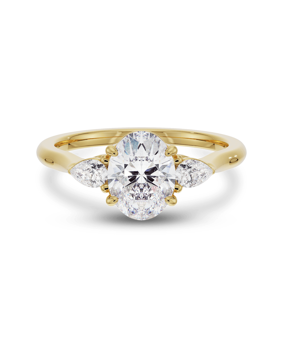 Oval lab grown diamond three stone style engagement ring in gold, 1.5–3.5 CT center with matching side stones for a balanced, romantic look

