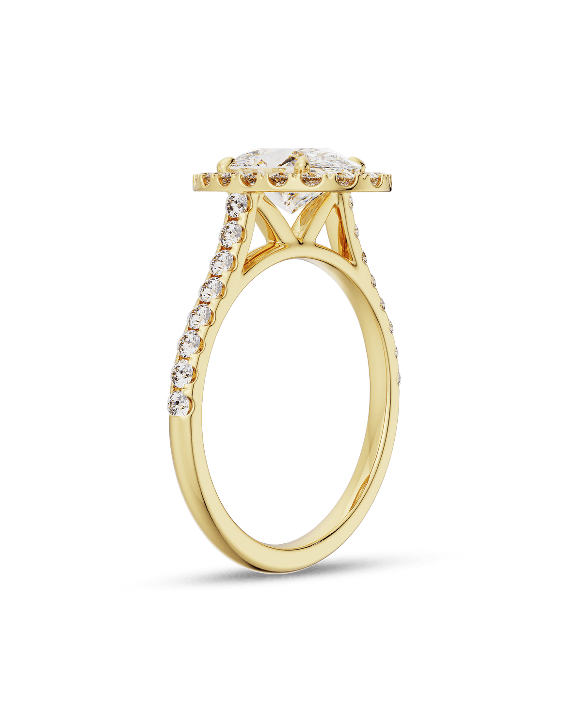 1.5–3.5 CT pear cut lab grown diamond engagement ring in gold, with halo and pave set diamonds for added brilliance and classic charm

