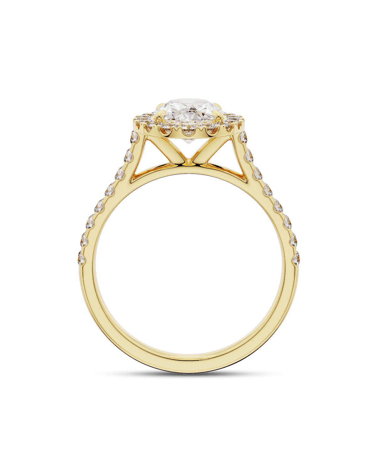 1.5–3.5 CT pear cut lab grown diamond engagement ring in gold, with halo and pave set diamonds for added brilliance and classic charm

