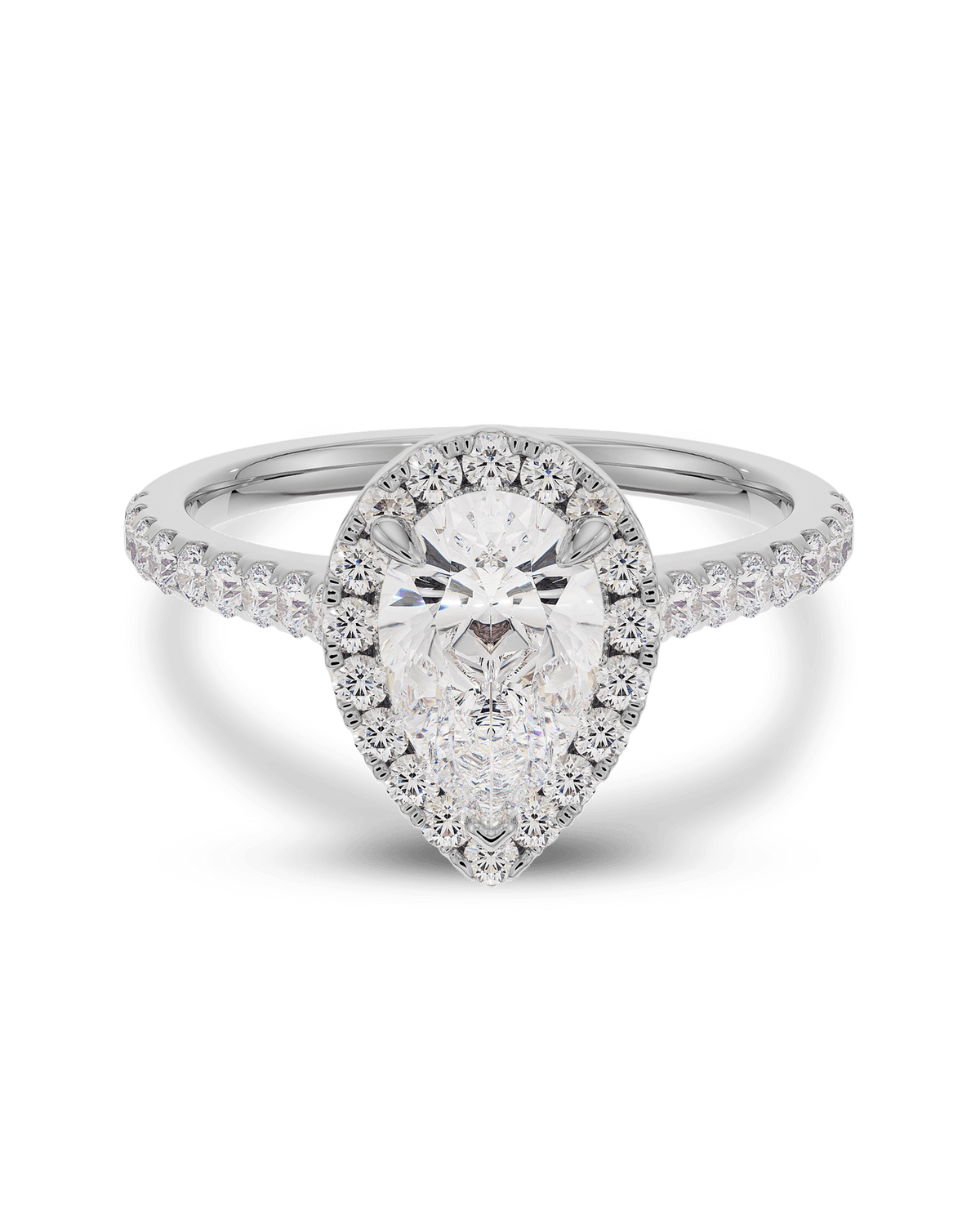 1.5–3.5 CT pear cut lab grown diamond engagement ring in gold, with halo and pave set diamonds for added brilliance and classic charm

