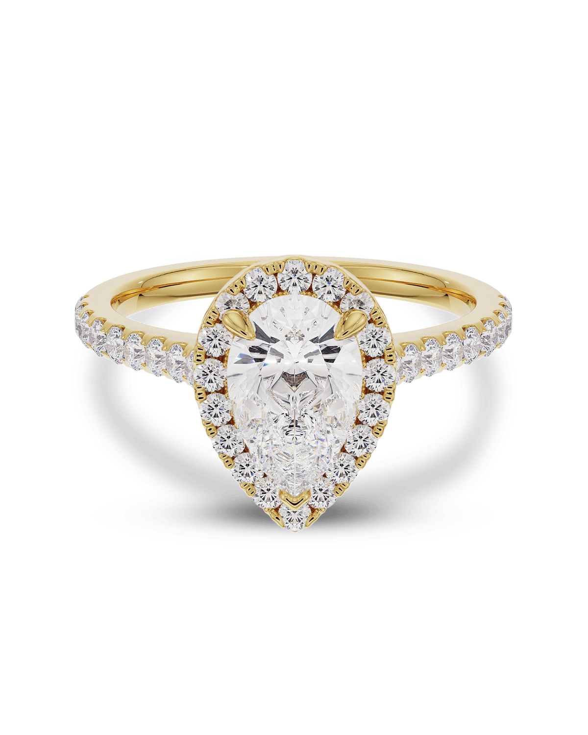 1.5–3.5 CT pear cut lab grown diamond engagement ring in gold, with halo and pave set diamonds for added brilliance and classic charm

