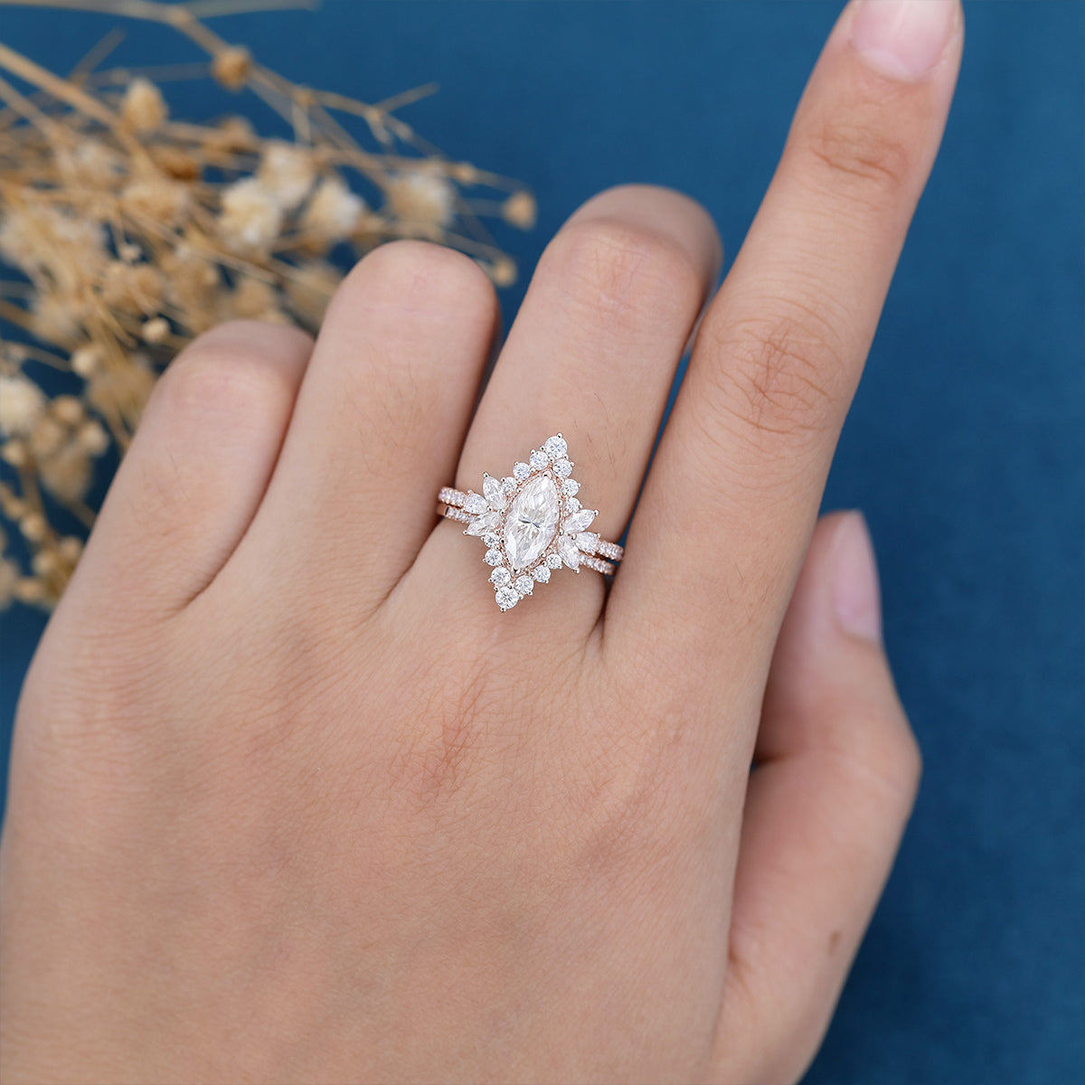 0.90 CT Marquise Shaped Moissanite Cluster Bridal Set - Camila Brown