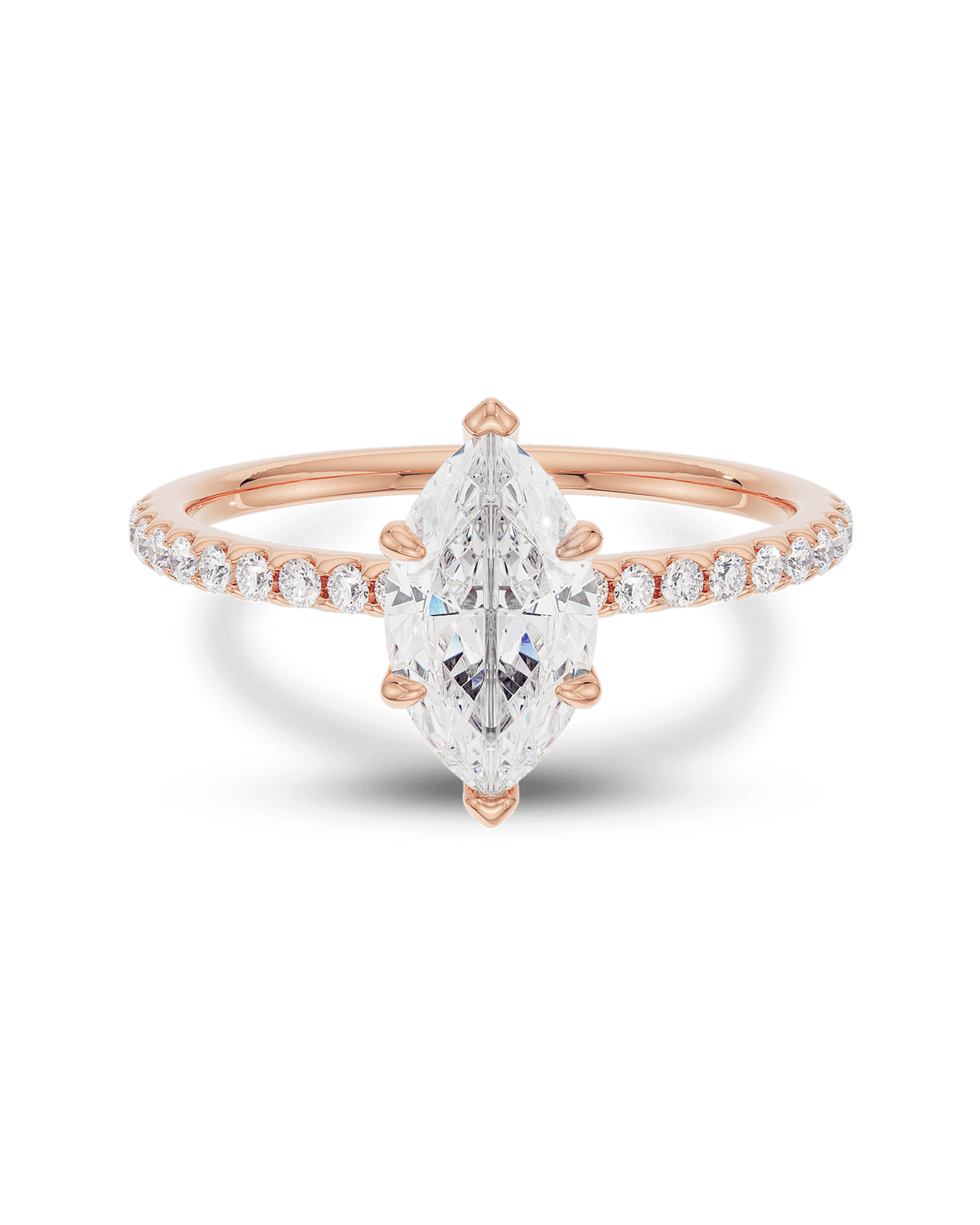 1.0–3.0 CT marquise cut lab grown diamond engagement ring in gold, featuring a slim pave band and a sharp, elongated center stone

