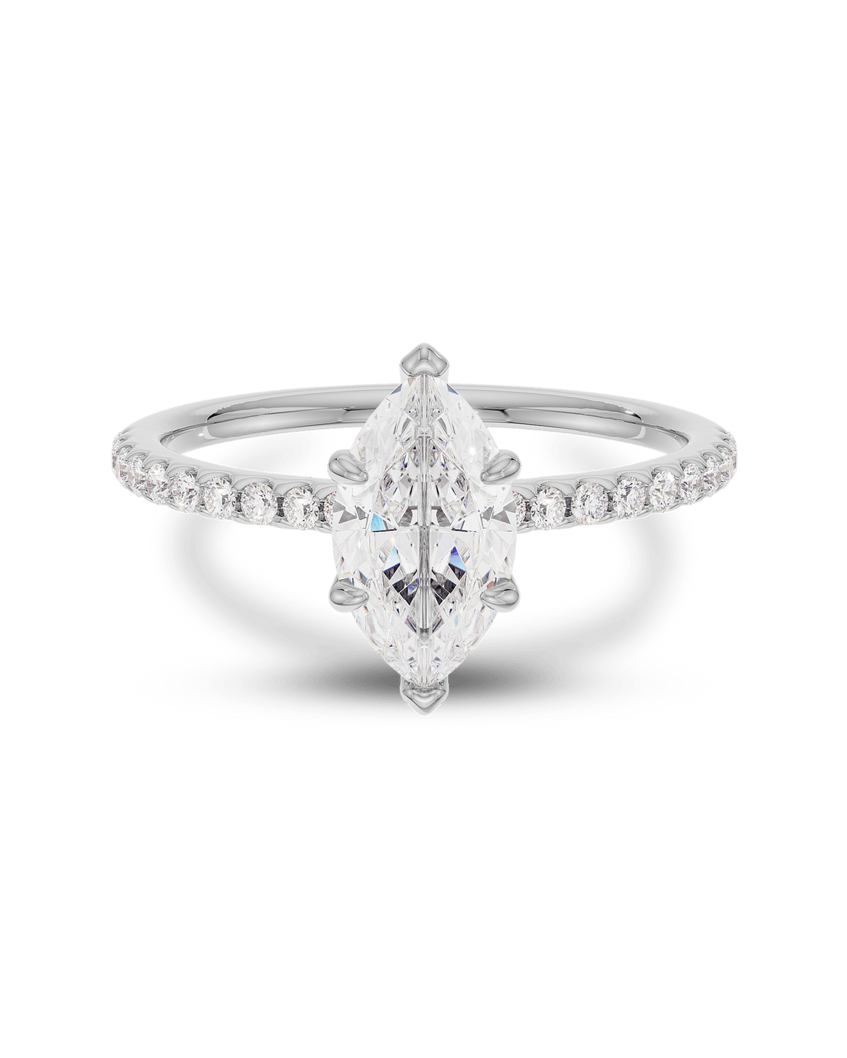 1.0–3.0 CT marquise cut lab grown diamond engagement ring in gold, featuring a slim pave band and a sharp, elongated center stone

