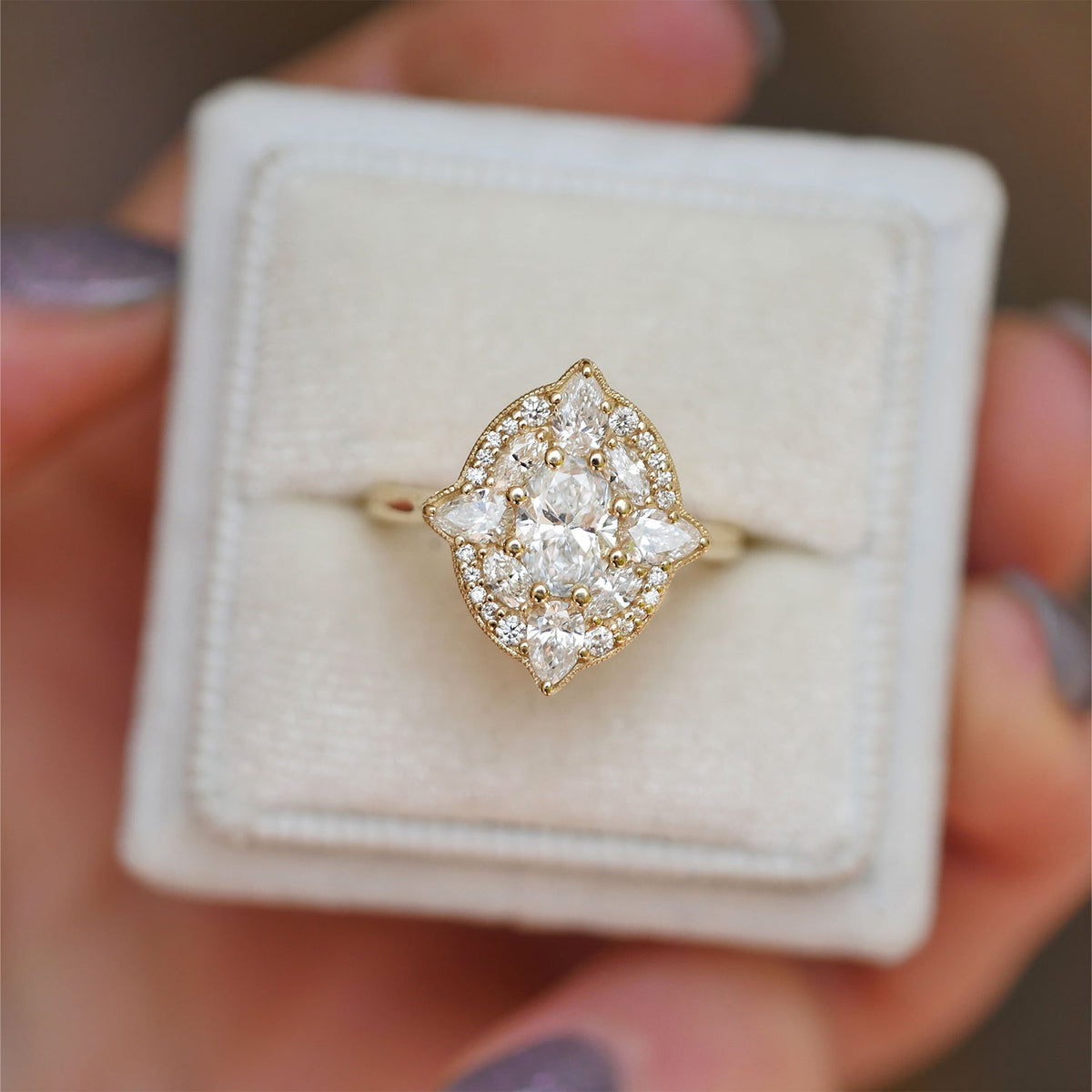 0.75 CT Oval Shape Floral Lab Grown Engagement Ring