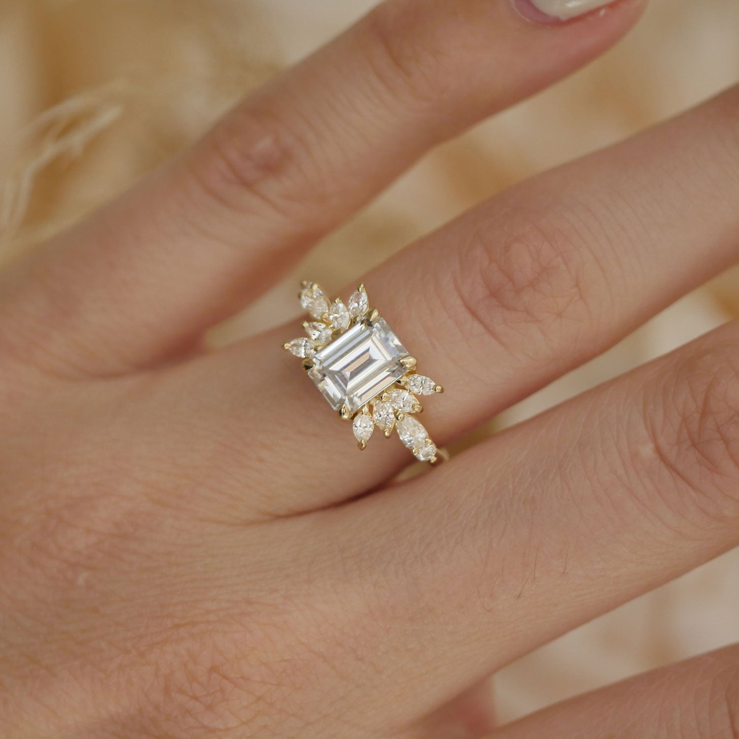 1.50 CT Emerald Shape Lab Grown Cluster Engagement Ring